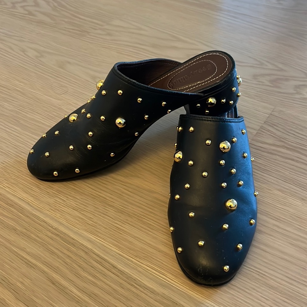 SEE BY CHLOE BLACK AND GOLD STUDDED MULES HEELS SZ 36